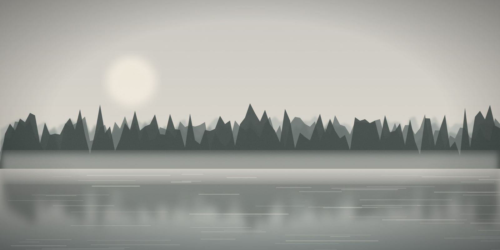 Photograph-style panorama of layered tree lines fading into morning fog above still river water with pale streaks of reflected light