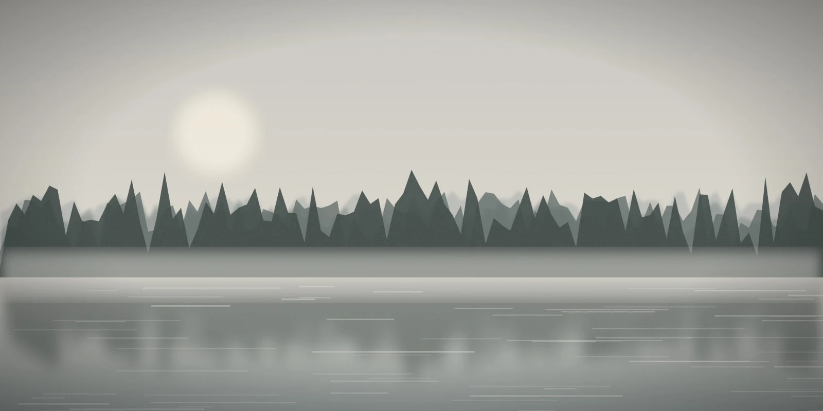 Photograph-style panorama of layered tree lines fading into morning fog above still river water with pale streaks of reflected light