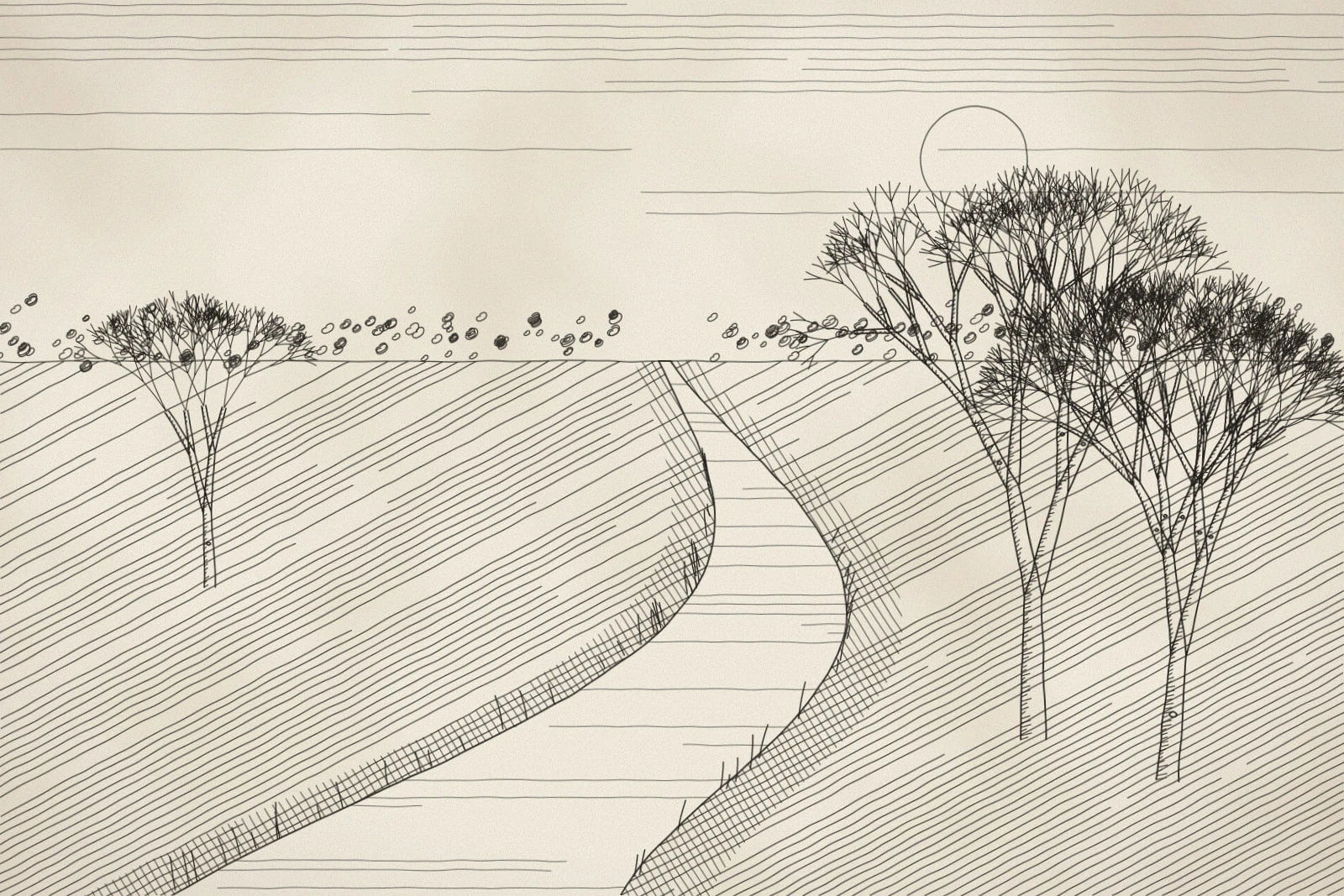 Pen and ink drawing of a river winding toward a tree-lined horizon, with two tall sycamores on the right bank and a pale sun in a hatched sky