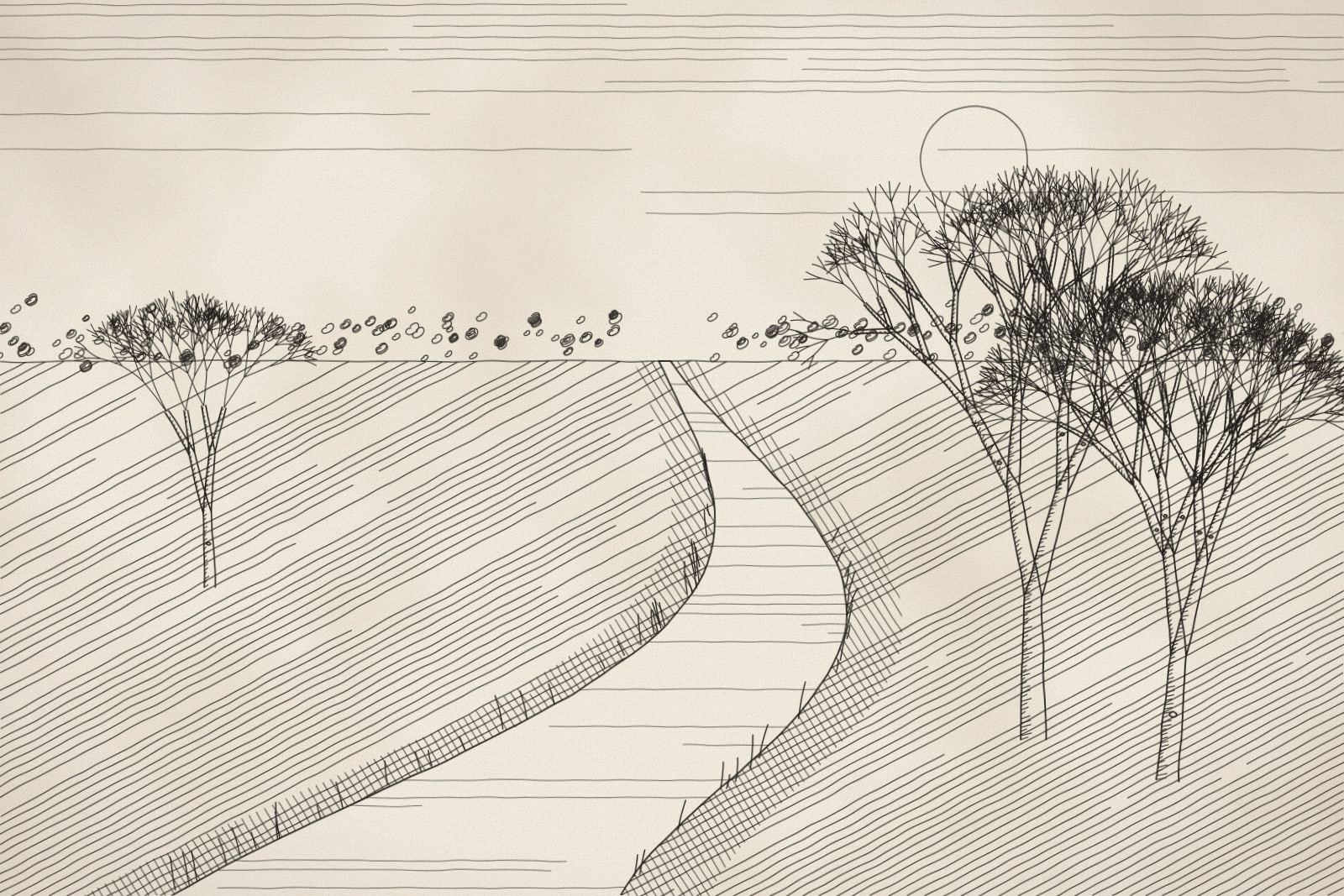 Pen and ink drawing of a river winding toward a tree-lined horizon, with two tall sycamores on the right bank and a pale sun in a hatched sky