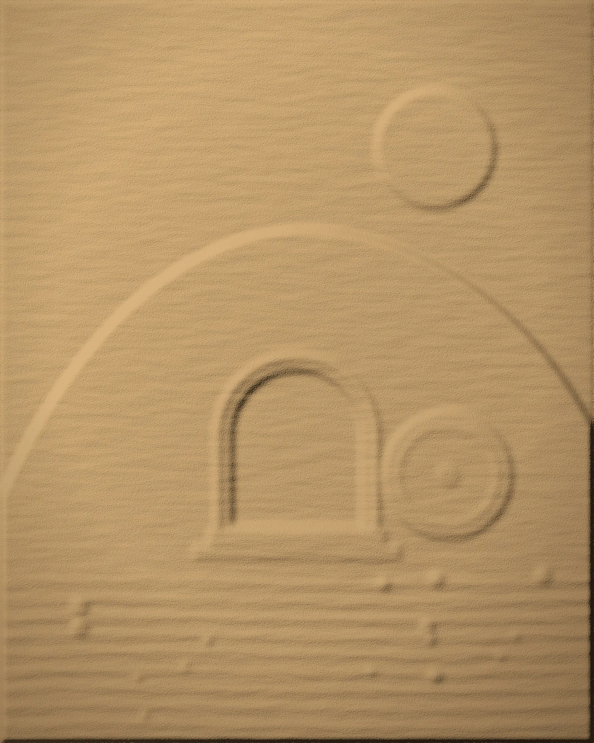 Sand relief of a hillside tomb with an arched open doorway, a large round stone rolled to the side, and rippled sand below