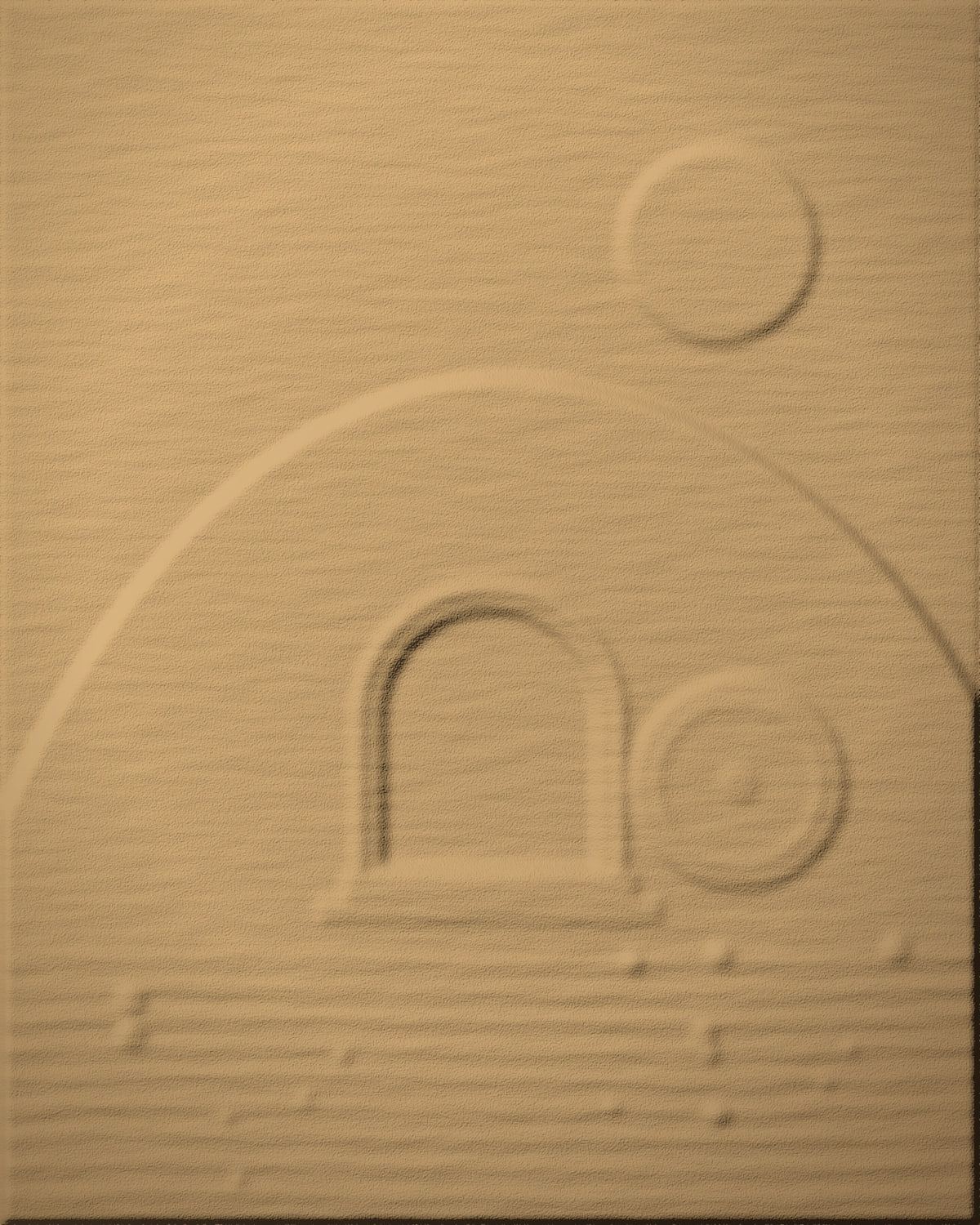 Sand relief of a hillside tomb with an arched open doorway, a large round stone rolled to the side, and rippled sand below