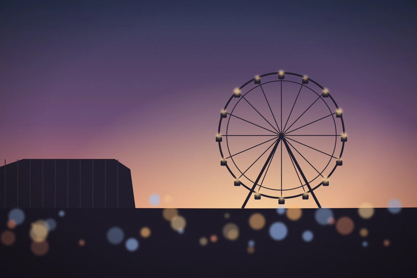 Photograph-style image of a Ferris wheel silhouetted against an orange and violet dusk sky, with soft out-of-focus lights along the ground