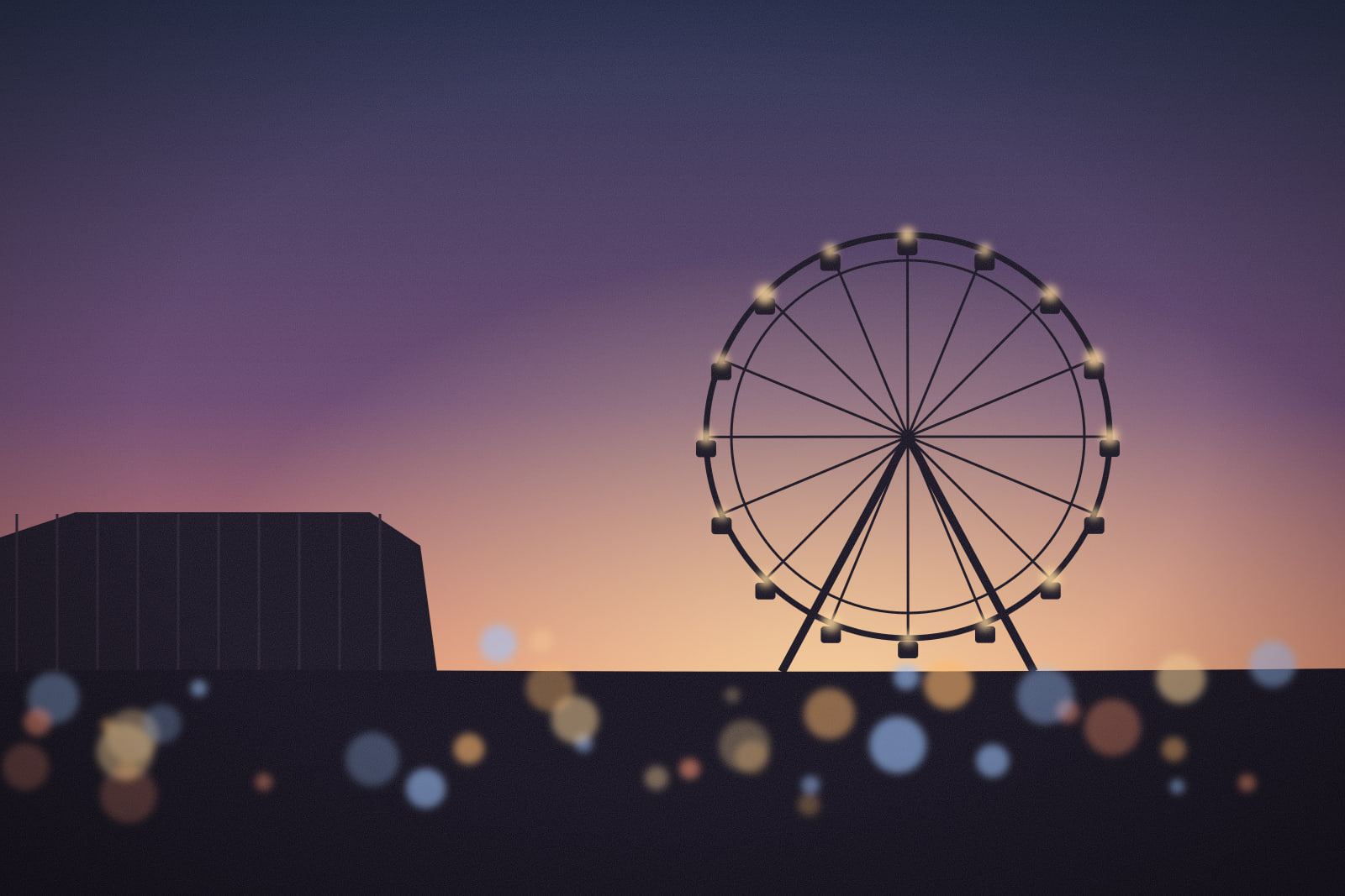 Photograph-style image of a Ferris wheel silhouetted against an orange and violet dusk sky, with soft out-of-focus lights along the ground
