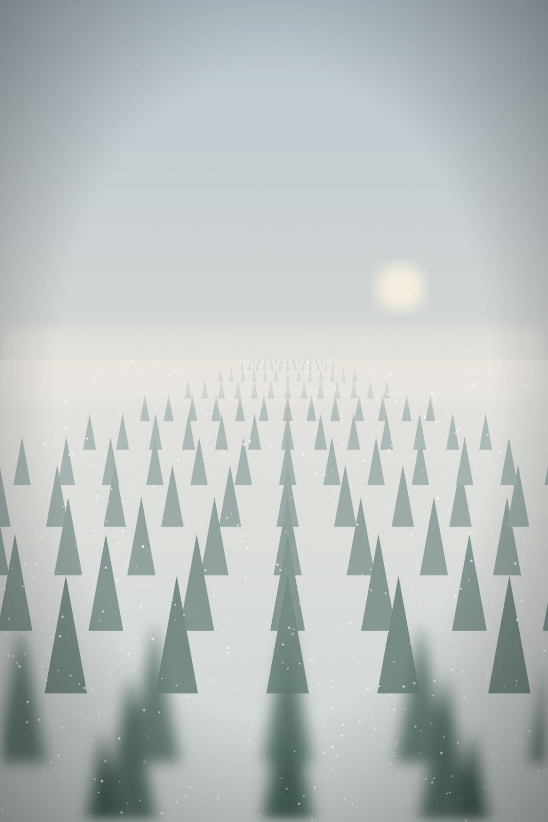 Photograph-style image of rows of young evergreen trees receding into a pale frosty morning haze, the nearest trees soft and out of focus