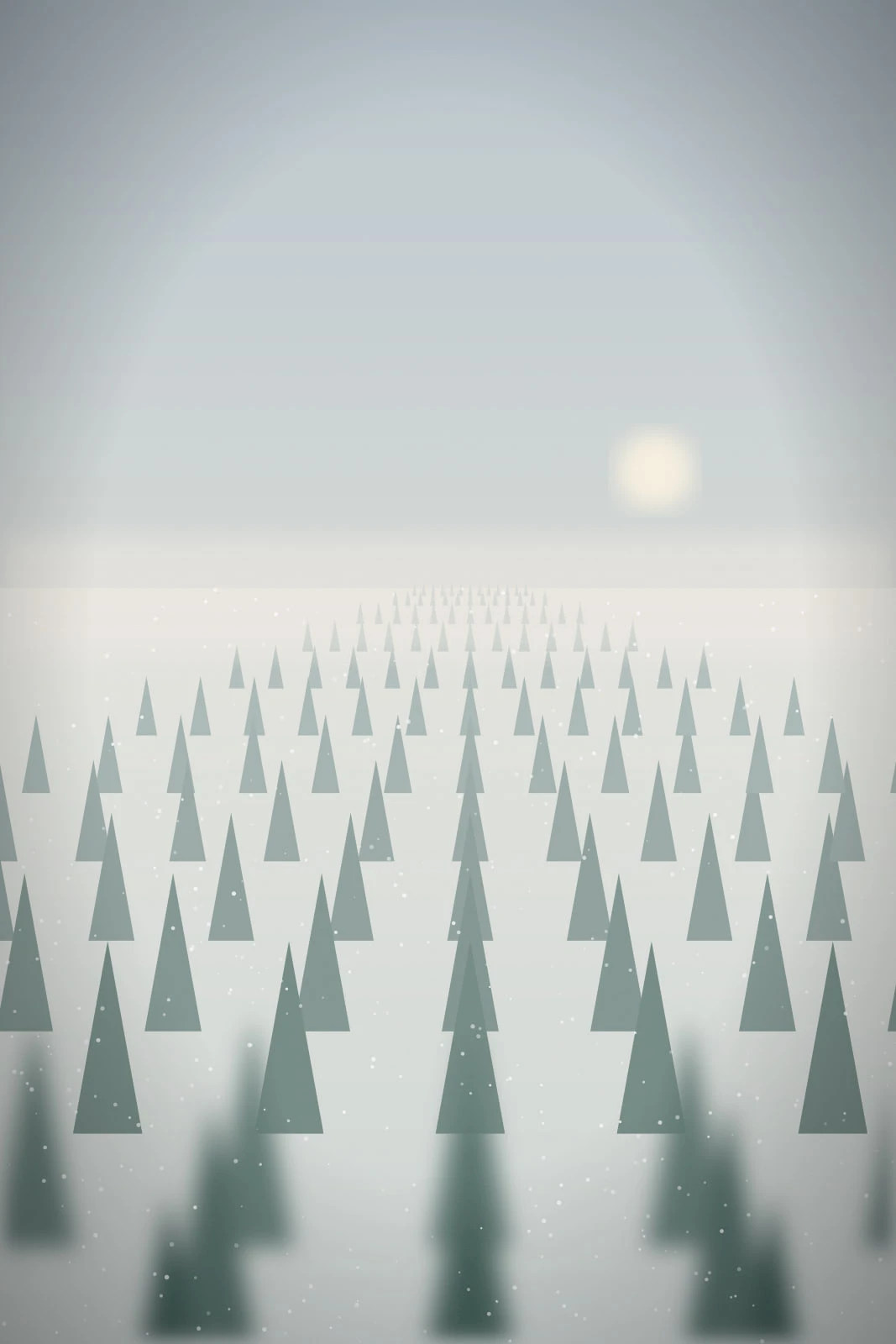 Photograph-style image of rows of young evergreen trees receding into a pale frosty morning haze, the nearest trees soft and out of focus