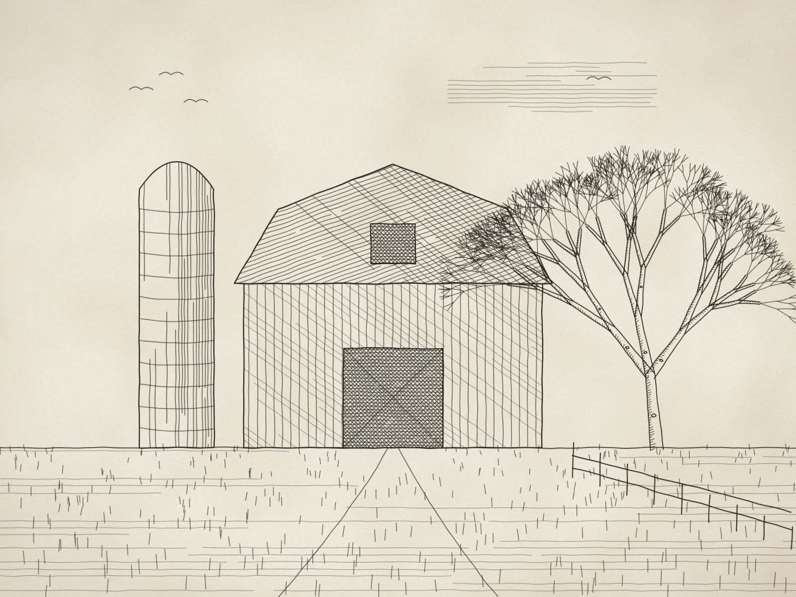 Pen and ink drawing of a gambrel-roofed barn with a tall silo, an open dark doorway, a split-rail fence and a bare tree