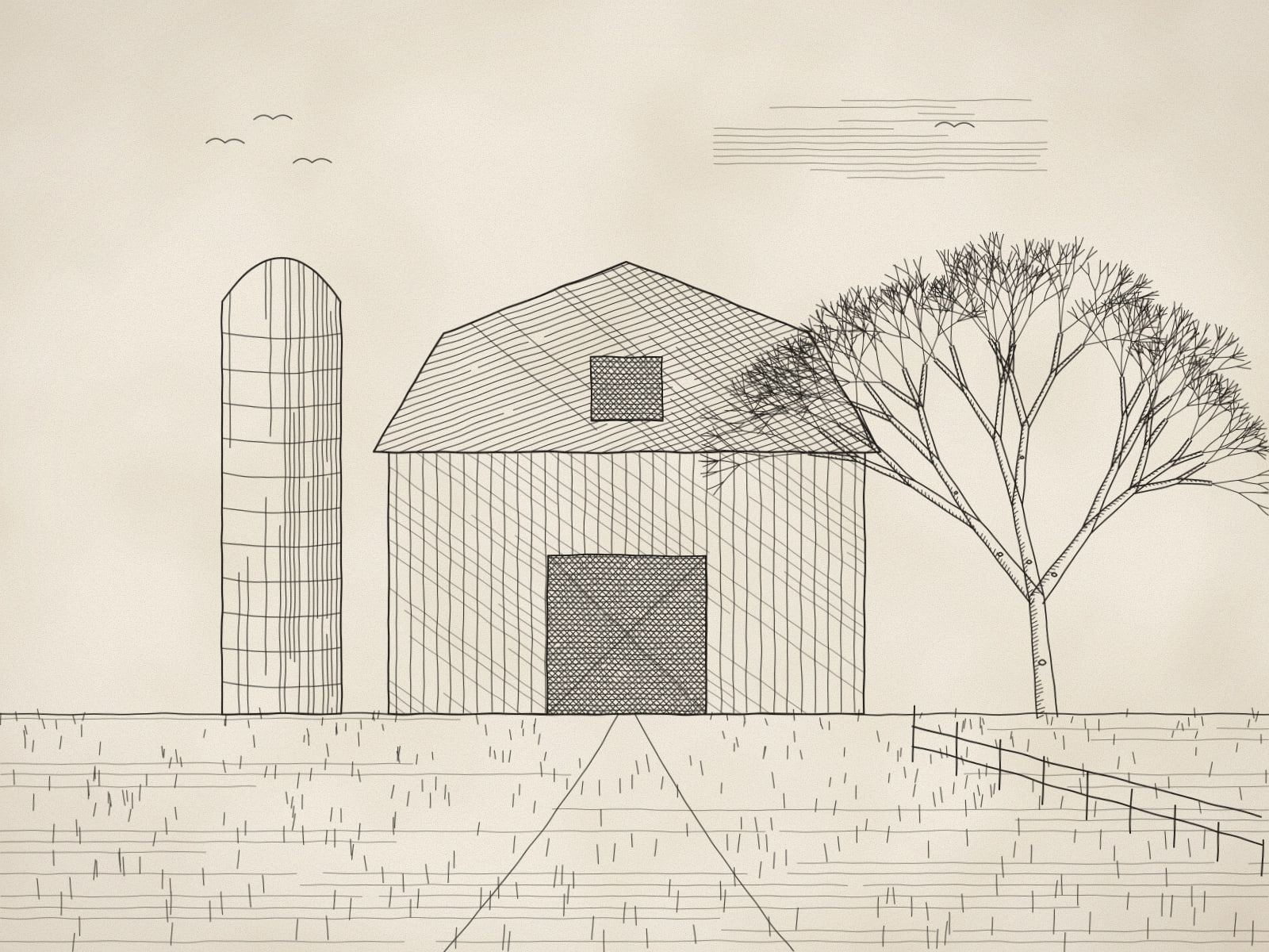 Pen and ink drawing of a gambrel-roofed barn with a tall silo, an open dark doorway, a split-rail fence and a bare tree