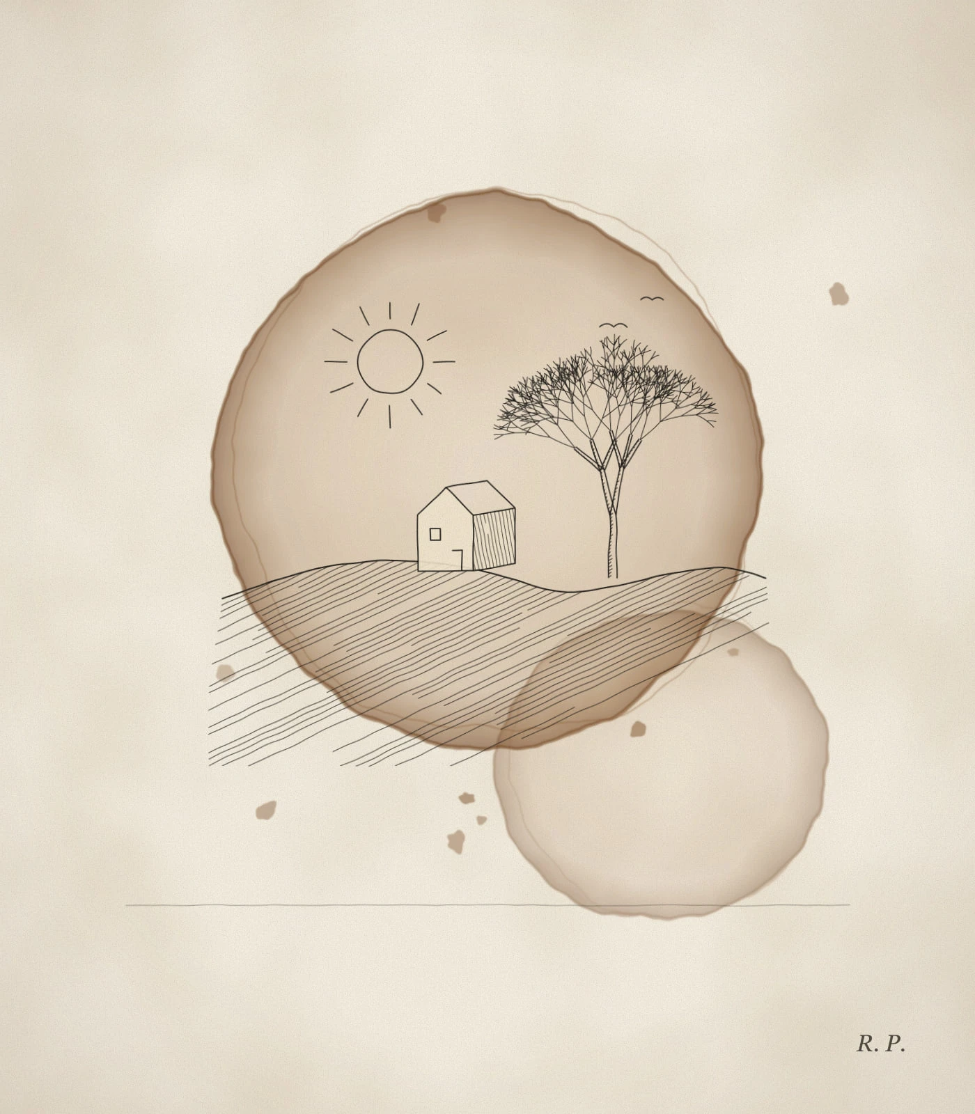 A brown coffee-cup ring stain on paper, with ink drawn over it: rolling hatched hills, a small farmhouse, a tree, a sun and two birds inside the ring