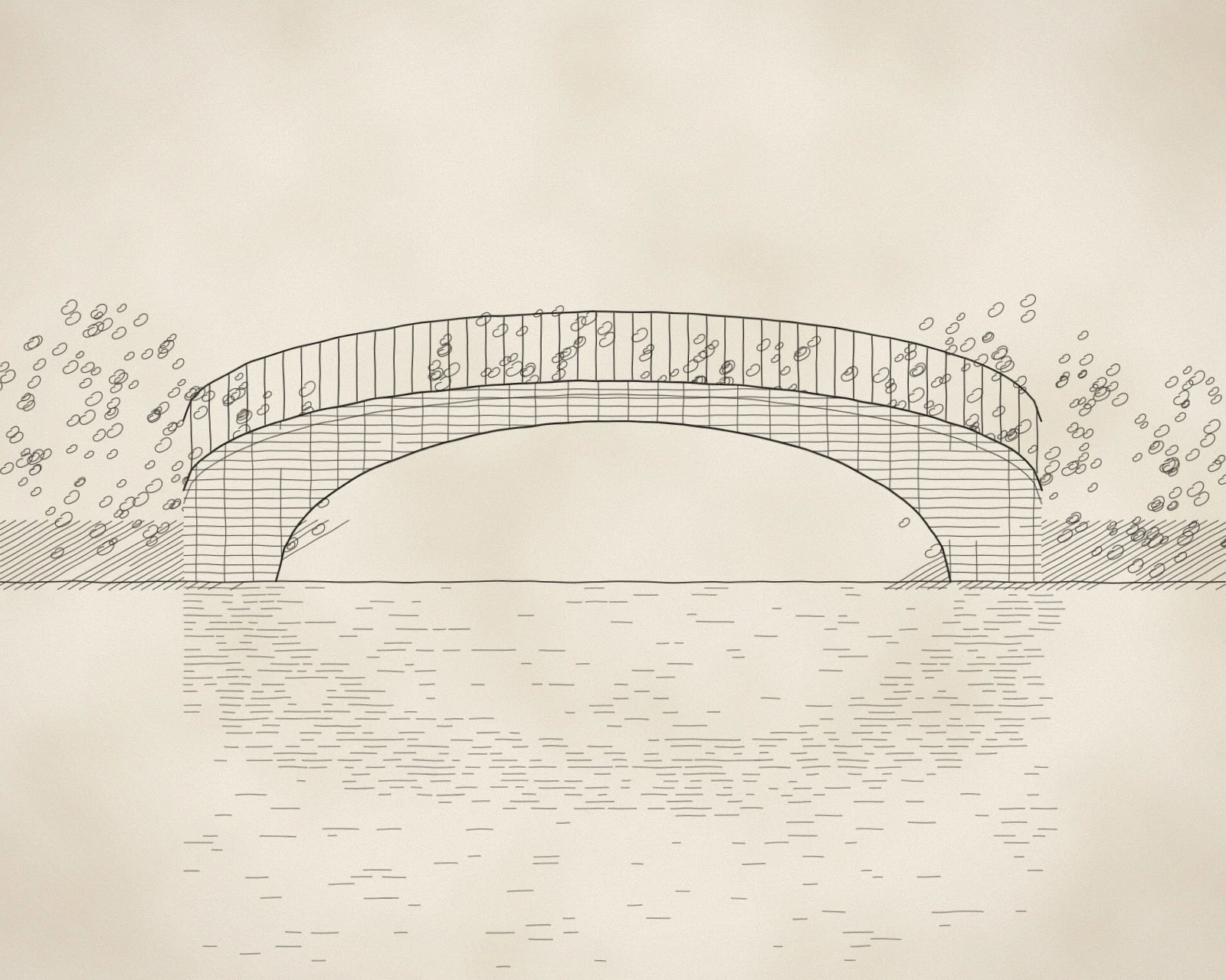 Pen and ink drawing of an arched footbridge with railings over calm water, its reflection drawn in broken horizontal lines, with scribbled trees behind