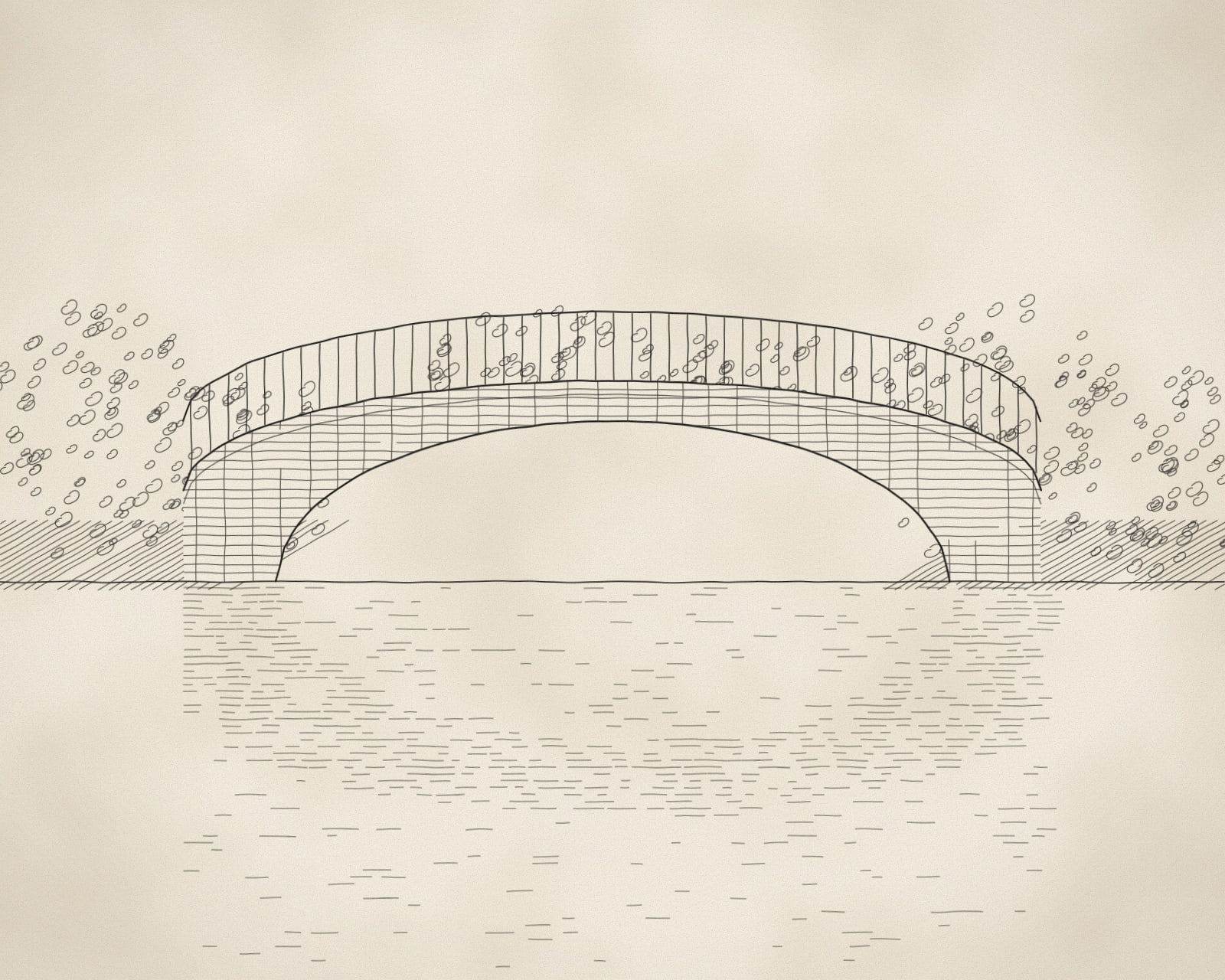 Pen and ink drawing of an arched footbridge with railings over calm water, its reflection drawn in broken horizontal lines, with scribbled trees behind