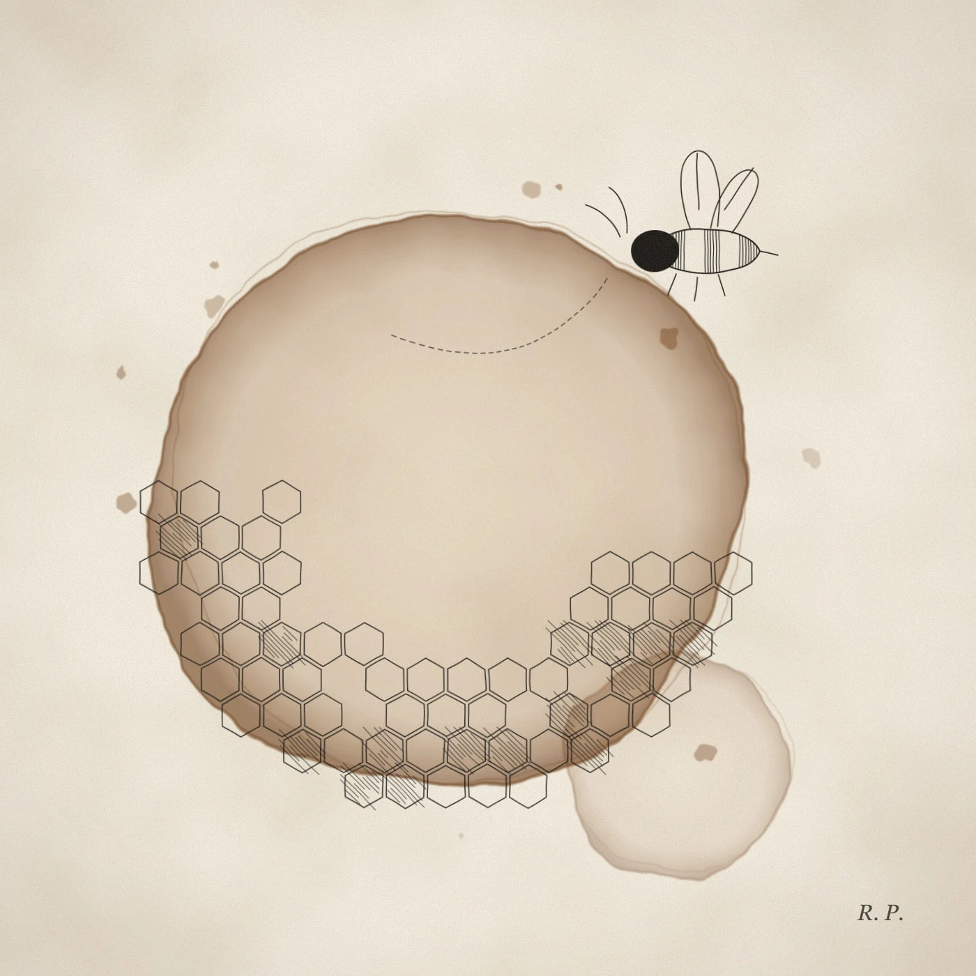 A round coffee stain with ink honeycomb cells along its lower edge and a striped honeybee flying above, trailing a dotted flight path
