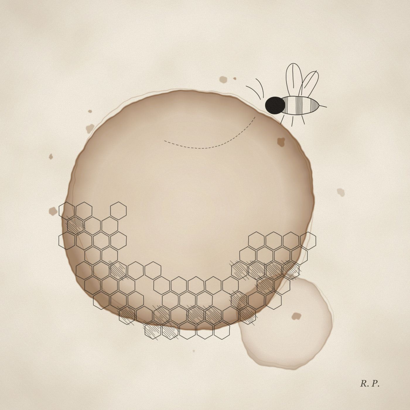 A round coffee stain with ink honeycomb cells along its lower edge and a striped honeybee flying above, trailing a dotted flight path